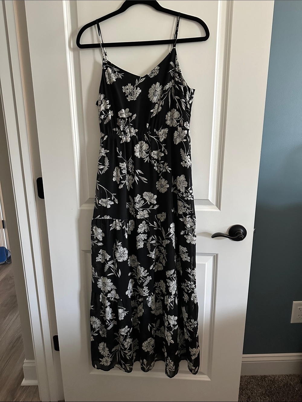 J. Crew Black Maxi Slip Dress with White Floral Print